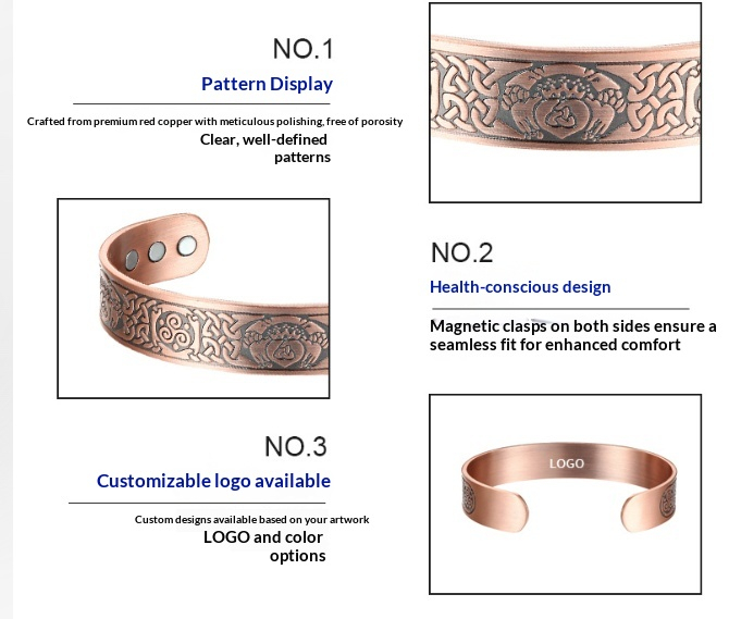 Men's Patterned Magnetic Red Copper Bracelet photo 3