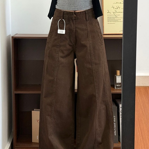 Women's High-waisted Straight-leg Wide-leg Denim Pants In Coffee Color photo 1