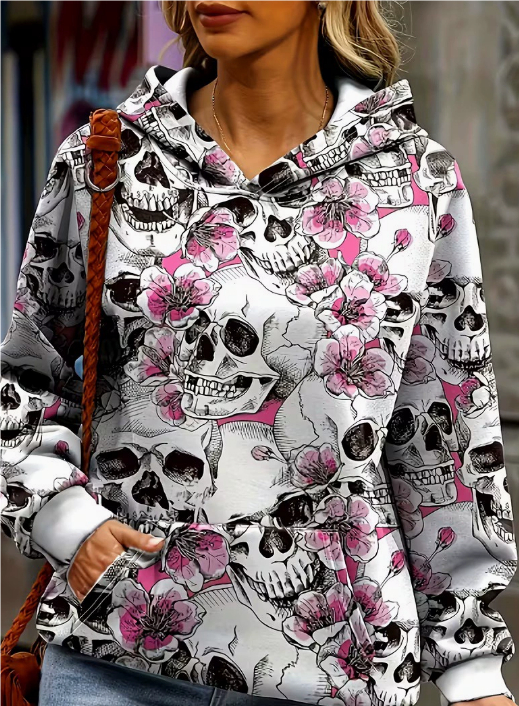 Casual Floral Skull Hoodie Streetwear Polyester photo 2