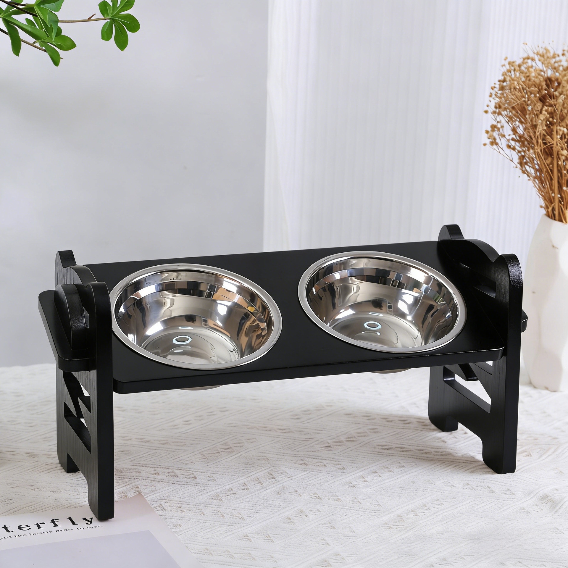 New Bamboo Wood Dogs And Cats Bowl Rack Pet Double Bowl photo 6