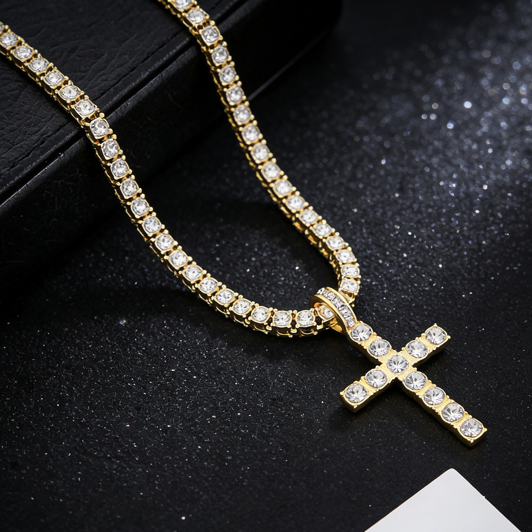 Rhinestone Cross Pendant Necklace With Tennis Chain photo 3
