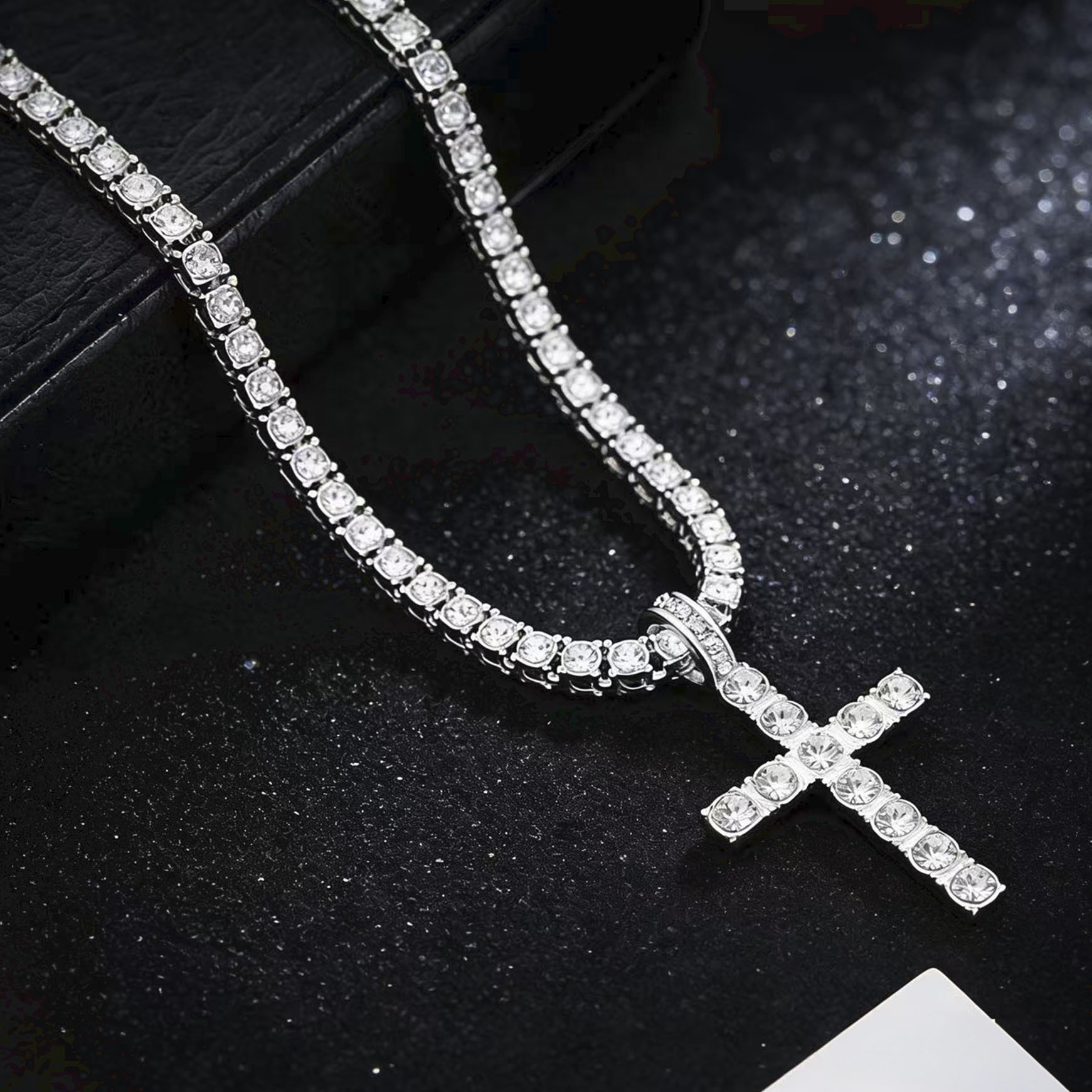 Rhinestone Cross Pendant Necklace With Tennis Chain photo 5
