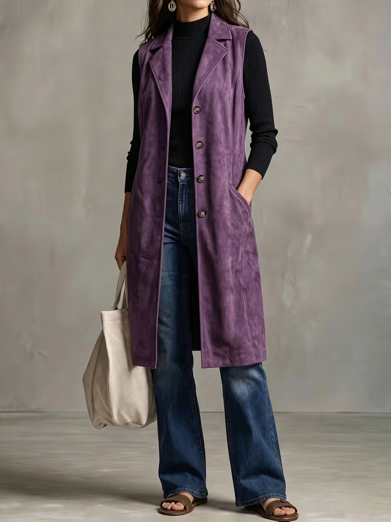 Women's Mid-length Sleeveless Blazer Vest Jacket photo 5