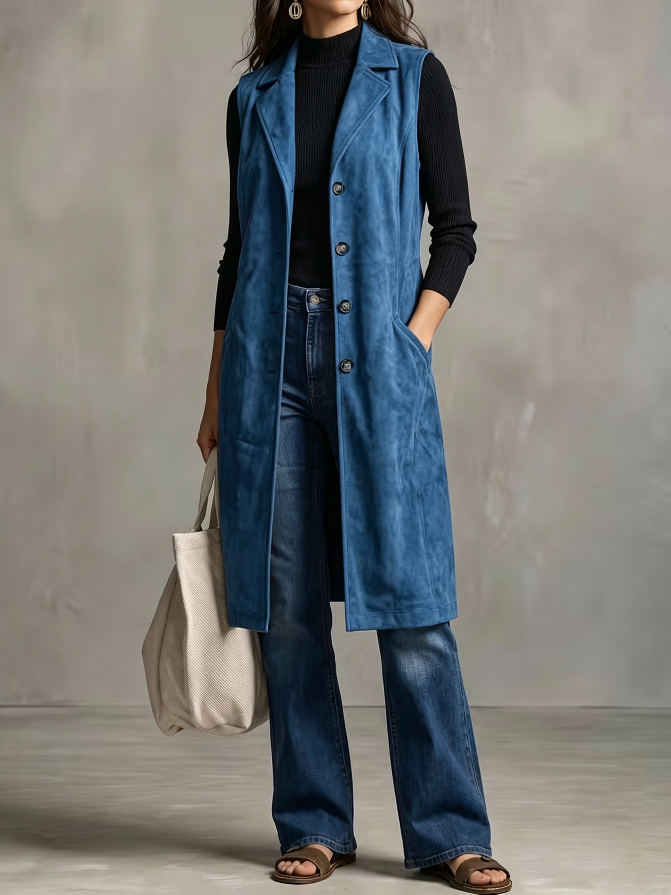 Women's Mid-length Sleeveless Blazer Vest Jacket photo 6