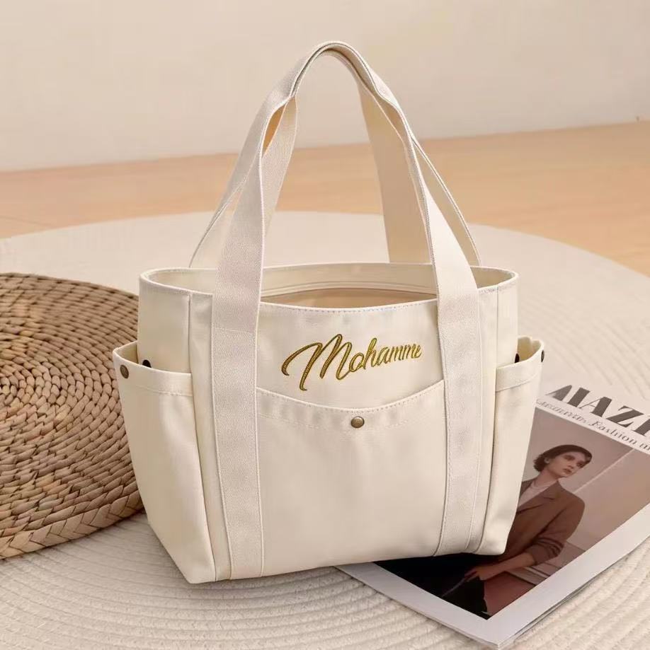 Personalized Embroidered Letter Tote Canvas Bag photo 4