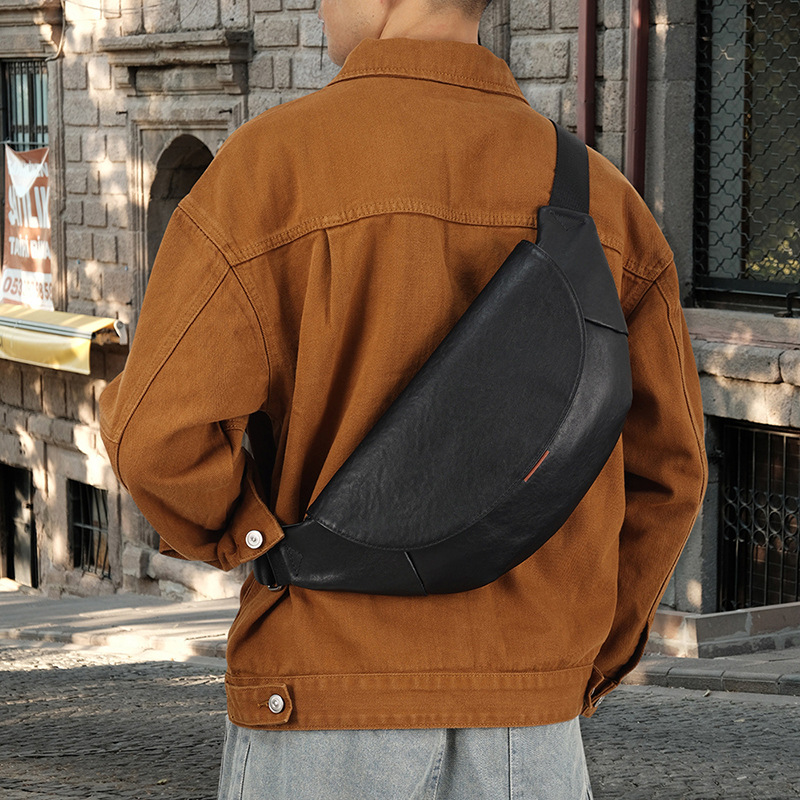 Leather Casual Trendy Brand Shoulder Bag, Men's Bag, Leather High-end Feeling, Men's Crossbody Bag, Multifunctional Business Handbag--6378 Vegetable Tanned Leather Black photo 1